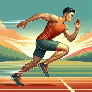 An illustration of a focused runner sprinting with proper form on a scenic trail. The runner's arms swing at a 90-degree angle, feet land beneath hips, hills in the background suggest hill training for speed improvement. This image highlights the importance of interval, tempo runs, and strength training for achieving running goals.