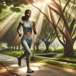 Person running on peaceful trail surrounded by green trees, wearing running gear and focused expression, showcasing proper form and safe running routine.