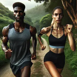 Two runners in sports attire running through a picturesque outdoor setting, showcasing endurance and determination in long-distance running.