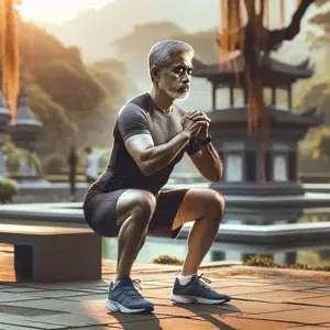A middle-aged person focused on strength training with squats in a peaceful outdoor setting, showcasing determination and fitness for veteran runners.