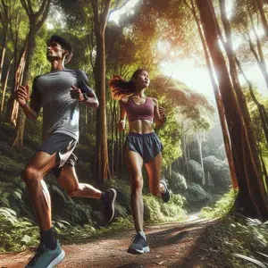 A male and a female running on a scenic trail surrounded by greenery. Both in athletic gear, showcasing form and movement in a picturesque landscape, embodying the essence of long-distance running.