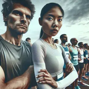 Two diverse experienced runners confidently stand at the starting line of a race, showing focus and determination. The background features a typical race day scene with other runners preparing for the event.