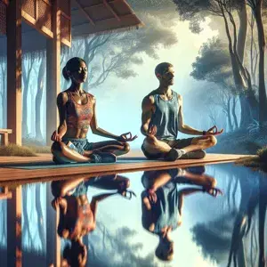 Two people engaging in recovery activities after an ultra marathon, practicing gentle yoga in a serene setting with soothing colors and natural elements.