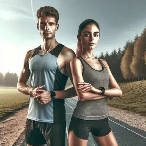 A diverse male and female pair of runners in athletic gear on a serene running path, symbolizing dedication to marathon training and improvement.