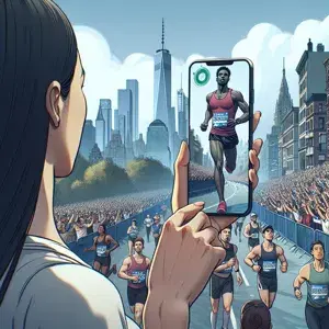"Diverse crowd cheers along the NYC Marathon course, with landmarks in the background. Person uses smartphone to track runner's progress digitally."