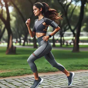 Person in athletic attire running leisurely in peaceful park, focusing on form and well-being.