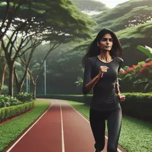 A determined beginner runner on an outdoor track surrounded by greenery, aiming to complete a 5k race. The scene embodies fitness, dedication, and goal-setting.