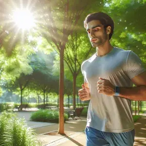 A beginner runner following a structured plan jogging through a park surrounded by lush greenery and sunshine. Focused and determined, embodying gradual progression and listening to their body. Peaceful scene showcasing the journey towards a sustainable running habit for health and well-being.