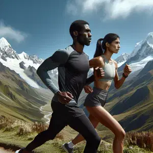 Two runners in athletic wear navigate challenging mountain terrain, surrounded by snow-capped peaks, blue skies, and green valleys.