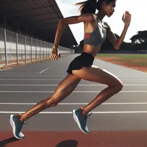A person with a strong build running on a track with proper form and speed, wearing workout attire, showing determination to improve endurance.