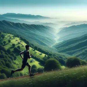 A determined runner climbs a lush green hill, focused and strong, embodying mental resilience and endurance gained through uphill running.