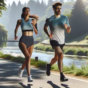 Two diverse individuals running a 10K race with determination and passion. The setting is a running track, highlighting progress and achievement in the sport.