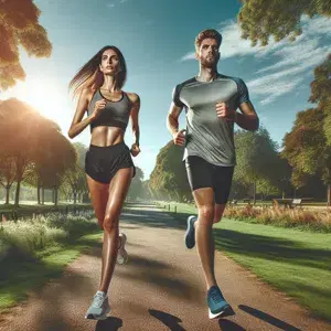 Two runners, one male and one female, in athletic gear running together on a scenic trail in a green park under a clear blue sky.