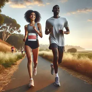 Two runners in athletic wear racing in a half marathon, showing determination and resilience. Scenic route with minimal elevation changes, crowd support, and a sense of joy and accomplishment.