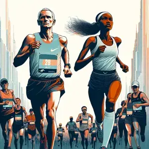 A diverse group of determined runners push towards the finish line, united in their perseverance and sense of accomplishment in marathon running.