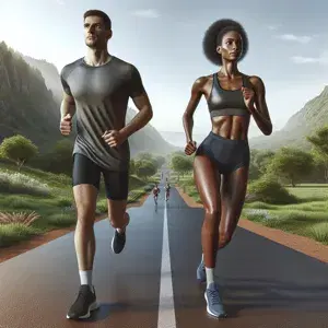 Two determined individuals, dressed in athletic gear, prepare for a virtual half marathon. The background features a scenic race route with subtle elevation.