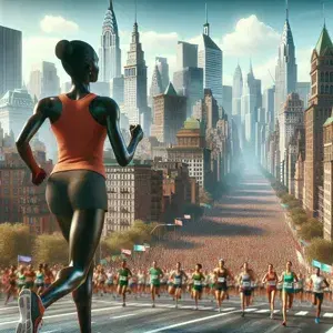 A determined runner racing through a busy city marathon, with famous landmarks in the background. The course is lined with cheering crowds and scenic views.