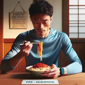 A person sits at a table, ready for a marathon, eating pasta with marinara sauce. They look focused and determined in a calm, inviting setting.