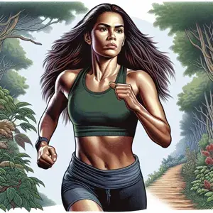 A determined woman with long brown hair runs on a peaceful trail surrounded by lush greenery, embodying strength and perseverance in her focused expression.