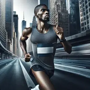 A dynamic image of a marathon runner in the United States, displaying determination and endurance. Background showcases urban streets or scenic beauty, capturing the diversity and excitement of American marathons.