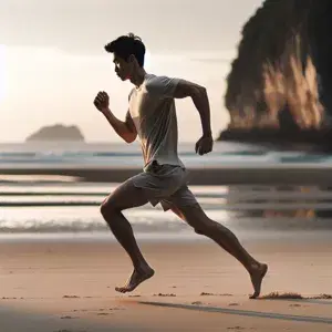 A person in athletic attire runs barefoot on a serene beach, embodying natural and minimalist running. The focus is on the simplicity of movement in harmony with the beautiful nature background.