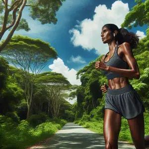 A focused jogger with ideal physique runs on a nature trail, surrounded by trees under a blue sky. Displaying perfect form for weight loss through running.