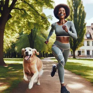 A person running with a happy dog in a scenic park, both showing joy and companionship. The setting is peaceful with trees and greenery in the background.