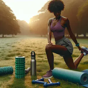 A runner stretching surrounded by recovery tools like a foam roller, yoga mat, and water bottle, practicing active recovery for muscle repair and injury prevention.