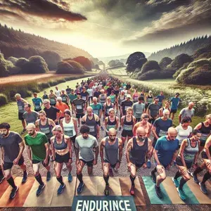 A diverse group of marathon runners of different ages and fitness levels, in athletic attire, gathered together in a scenic outdoor setting ready to embark on a 26.2-mile race, embodying unity and determination in pursuing health and balance.