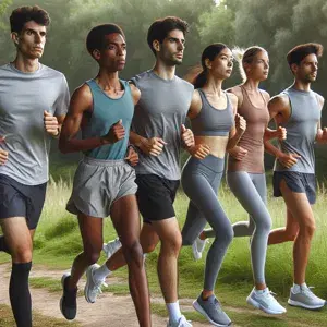 A group of men and women are running together outdoors, showcasing proper form and technique in various running activities. They are dressed in neutral athletic attire, embodying the universal nature of fitness.