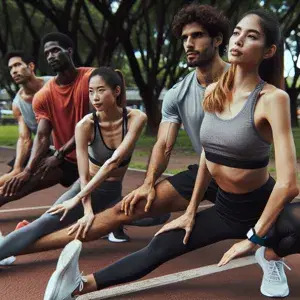 A diverse group of people in a park, stretching after a run. Various ethnicities and genders in athletic wear, focused on improving flexibility and preventing muscle soreness. Emphasizing unity and wellness through stretching exercises.