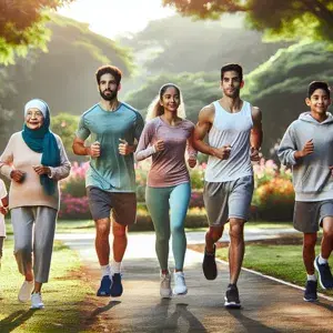 A diverse group of people of different ages and genders running together in a park, promoting a healthy and active lifestyle with a focus on physical and mental well-being.