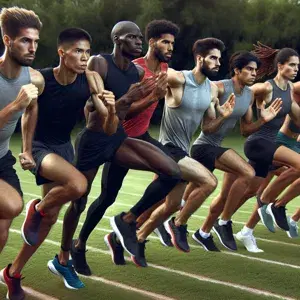 A diverse group of athletes of different genders and ethnicities running together in a scenic outdoor setting, displaying varying running forms and speeds to represent different muscle fibre types.