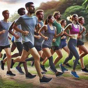 A diverse group of individuals running in nature, showcasing proper running form and inclusivity in athletic activities, without cultural or religious clothing.
