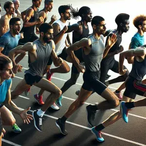 A diverse group of runners participate in interval training on a track, alternating between high-intensity sprints and recovery periods. The athletes show focus and determination as they strive to enhance their speed, endurance, and overall performance, epitomizing the intense effort and commitment needed for success in running.