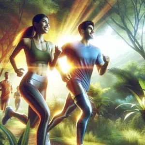 Two people jogging in a beautiful outdoor setting, embodying health and fitness. The scene conveys vitality and energy, promoting the benefits of intermittent fasting for runners.