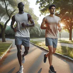 Two individuals in sportswear running through a scenic outdoor park, embodying focus, determination, and the physical and mental benefits of daily running.