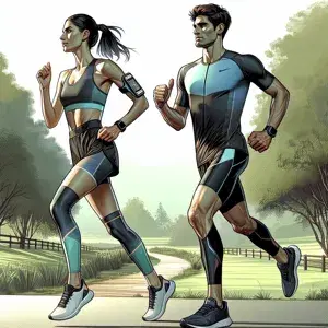 Two individuals in high-performance running gear with reflective elements, using a GPS running watch and wireless headphones, running in a park with a determined look on their faces.