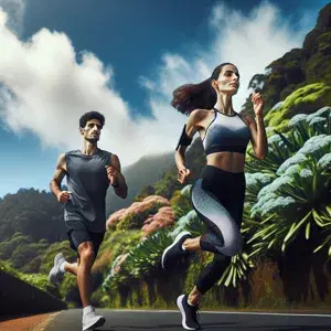 A determined woman and focused man run together on a scenic marathon training route, dressed in athletic gear. The backdrop is lush greenery and a clear blue sky, creating a serene and motivational atmosphere.