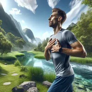 Person practicing diaphragmatic breathing while running in a serene natural setting, focusing on inhaling for three steps and exhaling for two.