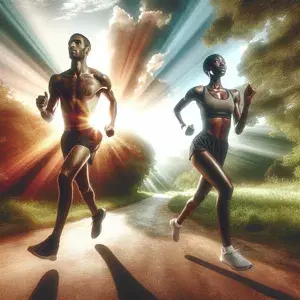 Diverse individuals engaging in long-distance running in a scenic outdoor setting, embodying health, vitality, and joy of running, inspiring viewers to embrace the transformative power of this aerobic activity.