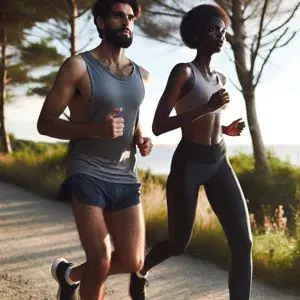 Two individuals running together in a scenic outdoor setting, showcasing camaraderie and determination. Universal representation, focusing on the action of running.