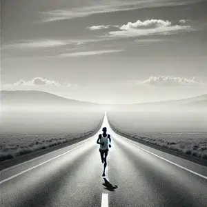 Two individuals running a marathon, showcasing physical & mental challenges, pre-race prep, energy utilization, post-race reactions, & long-term recovery.