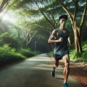 A runner sprinting through a beautiful trail, alternating between fast sprints and slow jogs in a Fartlek training session. The runner's determination and mental toughness are evident, highlighting the benefits of this versatile workout for all levels of runners.