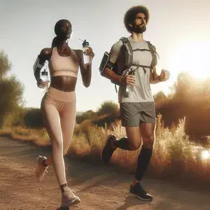 Two runners in light, moisture-wicking clothes with hydration packs or water bottles, adjusting their pace in hot weather. Morning or evening setting to stay safe and hydrated while running.