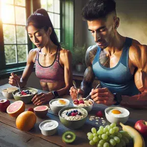 Two individuals enjoy a healthy breakfast before a marathon, surrounded by nutritious foods. They look fit and focused, ready for the race ahead.