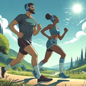 Two diverse individuals running outdoors with headphones on, in athletic wear. Scenic outdoor trail setting with greenery and clear skies. Energy, motivation, and enjoyment depicted in the image.