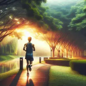 A person jogging on a peaceful pathway surrounded by trees, with a beautiful sunrise in the background. Embodies the essence of a refreshing morning exercise routine.