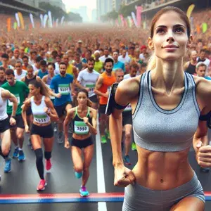 A determined lone runner stands confidently at the race starting line amidst a vibrant atmosphere of cheering spectators and fellow runners, embodying mental strength and readiness for the challenge ahead.