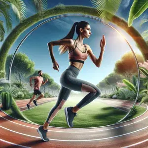 A scenic running track with lush greenery and clear skies. A person in fitness attire running with determination, promoting cardiovascular health and physical fitness.